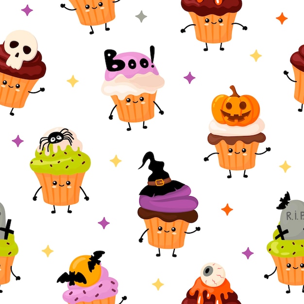 Lindo patrón con cupcakes de Halloween kawai en estilo de dibujos animados