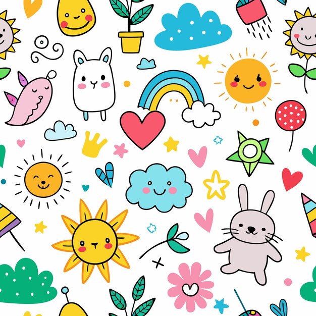 Lindo patrón de dibujos animados sin costuras con soles nubes conejos y corazones
