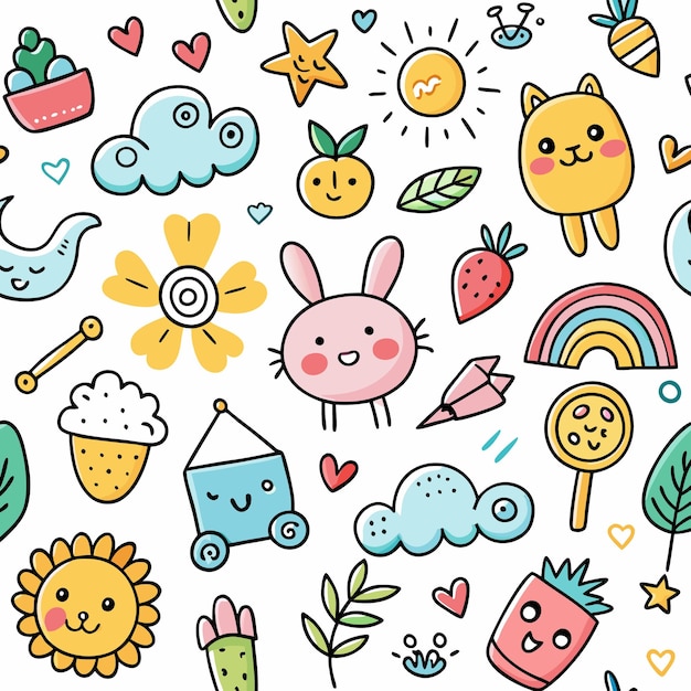 Lindo patrón de dibujos animados dibujado a mano con corazones de arco iris sol y flor