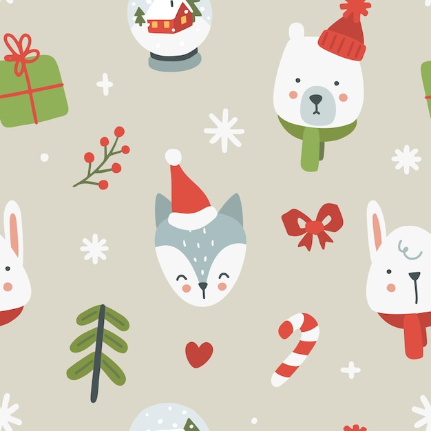 Lindo patrón de doodle de cabeza de animales de navidad.