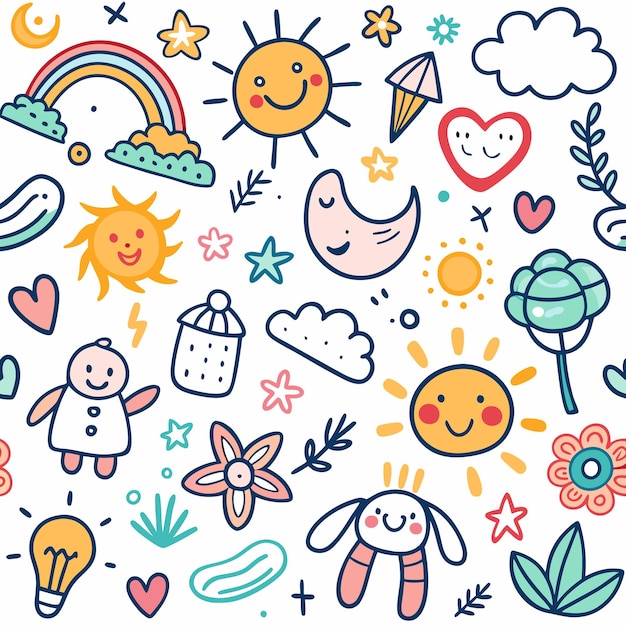 Lindo patrón de doodle con sol, luna y corazones