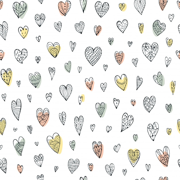 Lindo patrón de doodle transparente con diferentes corazones.
