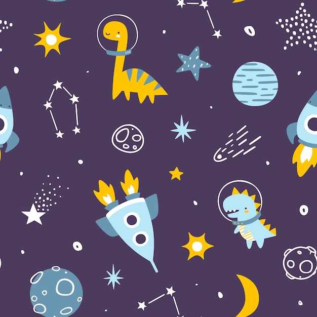 Lindo patrón espacial con dinosaurios astronautas Impresión cósmica vectorial sin costuras con dinosaurios para niños