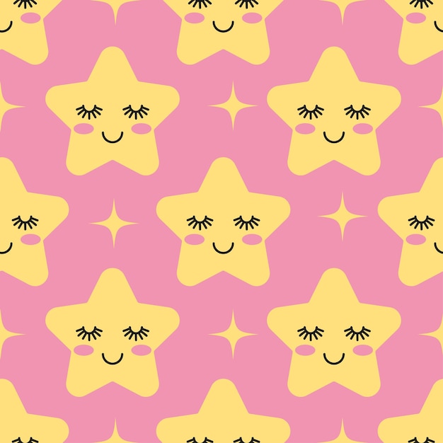 Lindo patrón de estrella sonriente durmiente sin costuras colores pastel rosa y amarillo fondo repetido vectorial