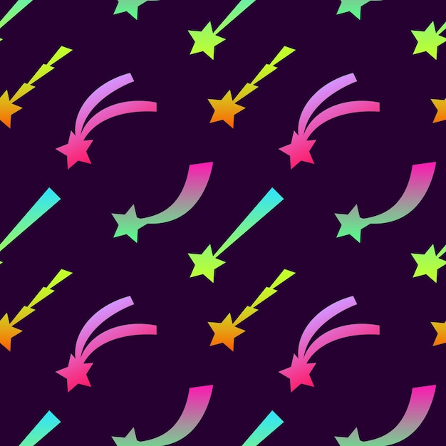 Lindo patrón festivo sin costuras con estrellas voladoras de neón Fondo de celebración con estrella de Navidad Adorno para papel de regalo texturas superficiales textiles Ilustración vectorial EPS