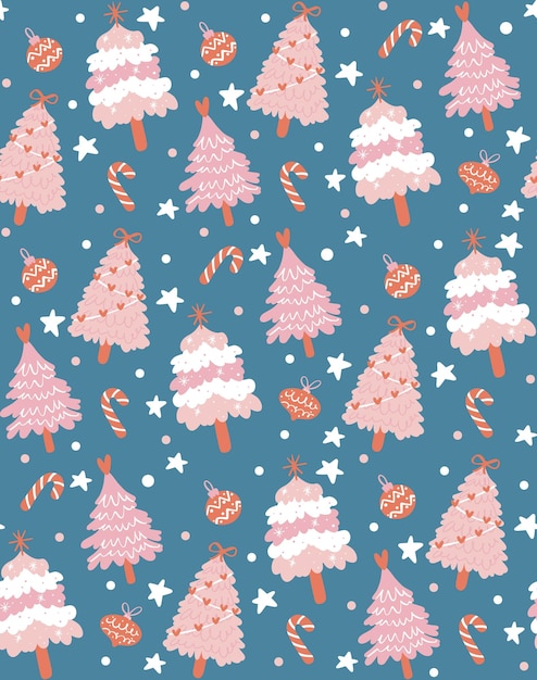 Lindo patrón festivo de Navidad sin costuras rosa árbol de pino de Navidad aislado sobre fondo azul