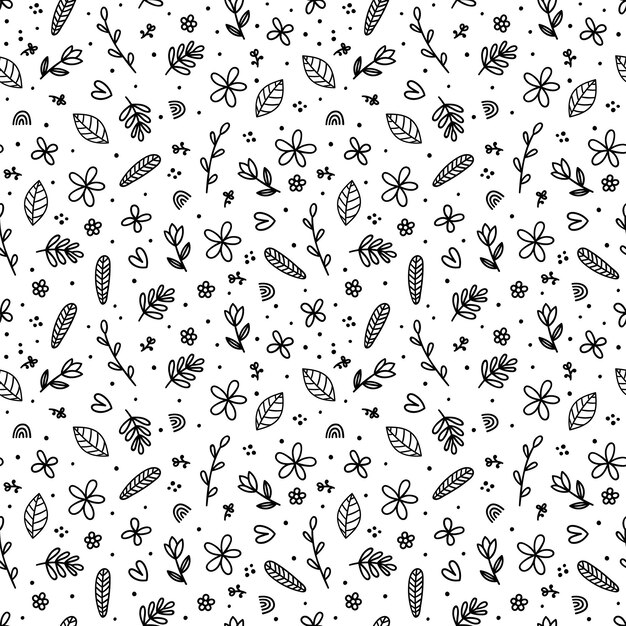 Lindo patrón floral sin costuras con elementos dibujados a mano sobre un fondo blanco estilo escandinavo flores Doodle