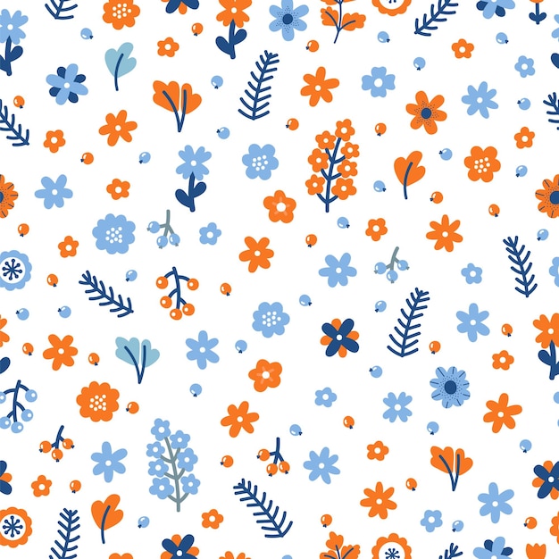 Lindo patrón floral sin costuras con flores y bayas de fondo dibujado a mano estilo escandinavo