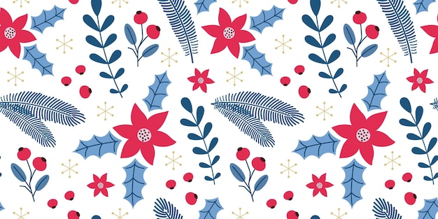 Lindo patrón floral sin costuras minimalista de invierno y Navidad Ramas y hojas de bayas dibujadas a mano