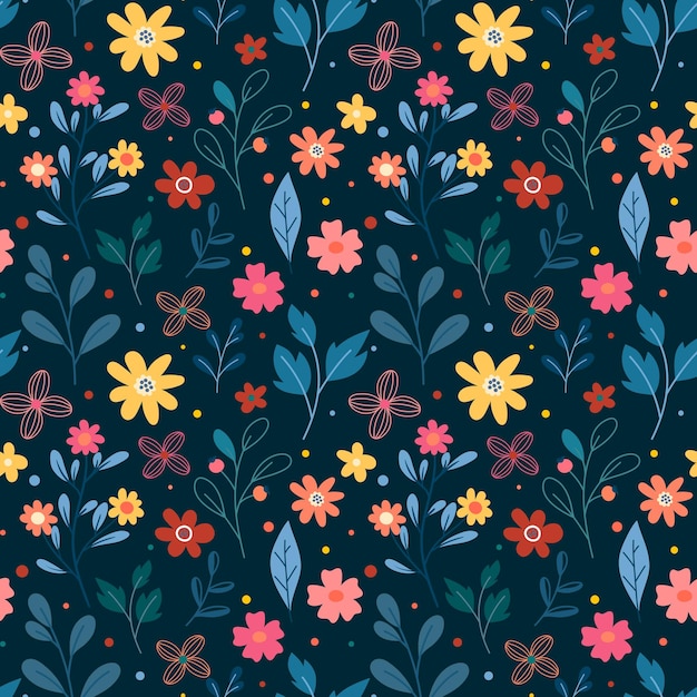 Lindo patrón floral sin costuras Romántico patrón de flores silvestres de primavera sobre un fondo azul