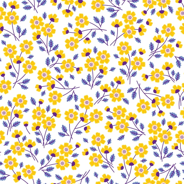 Lindo patrón floral en las pequeñas flores amarillas. Textura fluida. Fondo blanco.