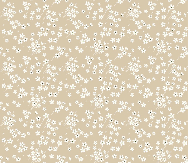 Lindo patrón floral en las pequeñas flores blancas. Textura fluida. Fondo beige.