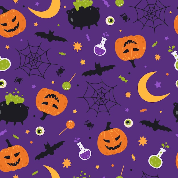 Lindo patrón de halloween calabaza poción bruja caldero murciélago caramelo araña púrpura fondo vector enfermo