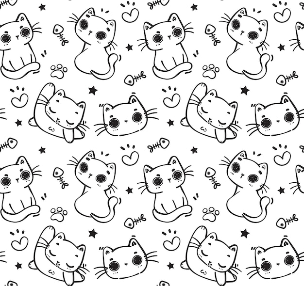 Lindo patrón inconsútil garabato divertido gatito gato dibujos animados mano dibujo vector línea negra aislada sobre fondo blanco