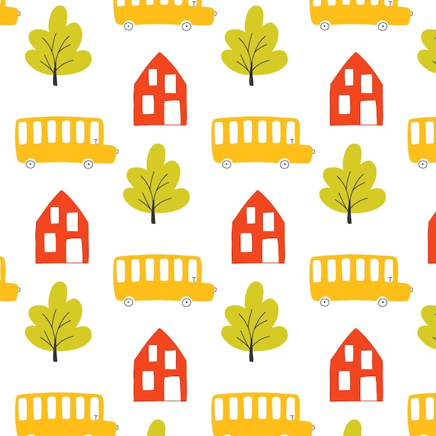 Lindo patrón infantil sin costuras con coche Patrón dibujado con coches casa y árbol Ilustración vectorial en estilo escandinavo para niños