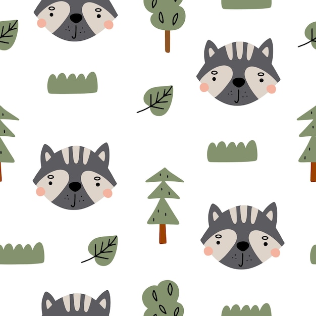 Lindo patrón infantil sin costuras con divertidos mapaches en el bosque Ilustración vectorial aislado en blanco b