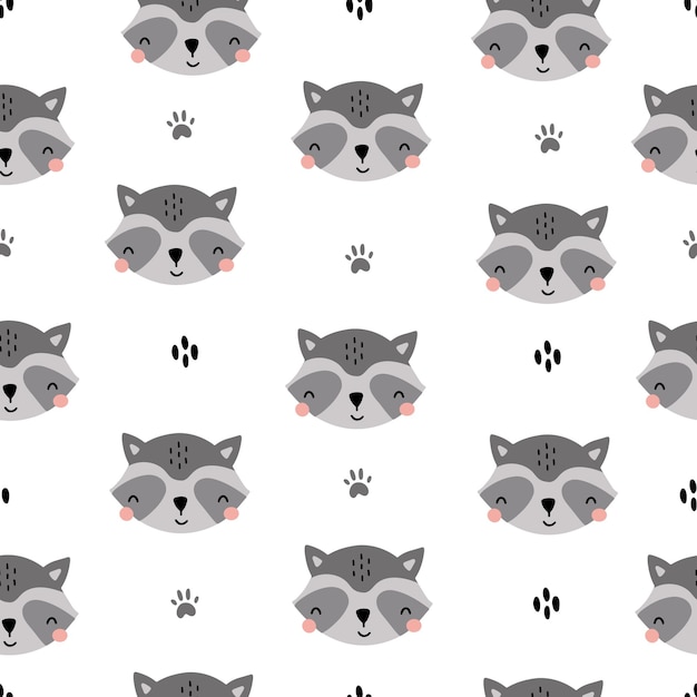Lindo patrón infantil sin costuras con mapaches divertidos Ilustración vectorial aislado sobre fondo blanco
