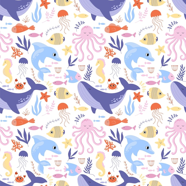 Lindo patrón infantil sin costuras con peces de animales marinos fondo brillante para el diseño de textiles