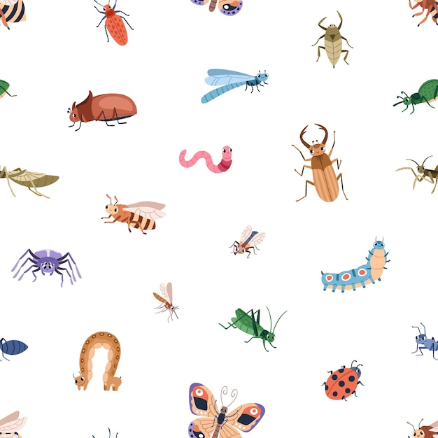 Lindo patrón de insectos. Fondo infantil sin costuras con escarabajos divertidos y felices, insectos, mariposas, arañas. Impresión repetida, diseño de textura infantil para textiles, decoración. Ilustración de vector plano coloreado