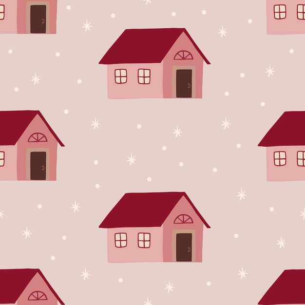 Lindo patrón de invierno con casas de fondo boho infantil ilustración vectorial
