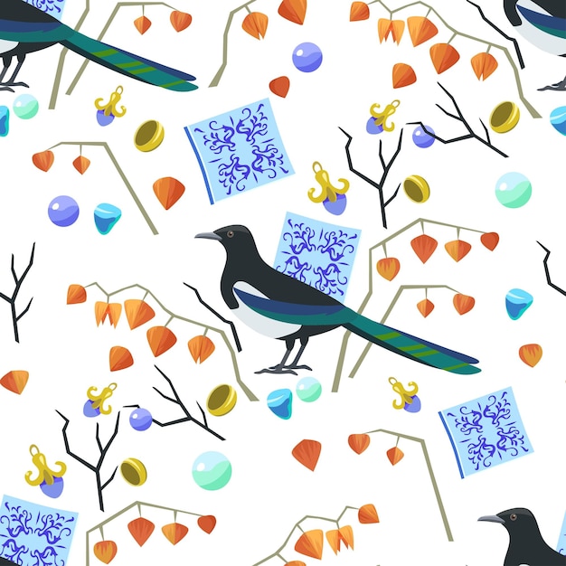 Lindo patrón original sin costuras con elementos majólicos de urraca y joyas Ilustración vectorial
