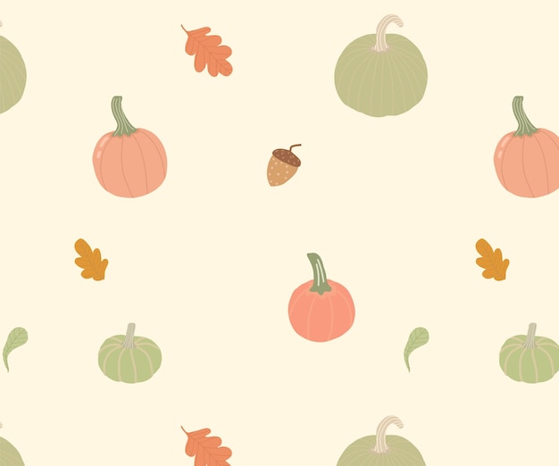 Lindo patrón de otoño Elementos dibujados de hojas de bellotas de calabazas de otoño en el patrón para papel tapiz telas textiles papel de envolver papelería
