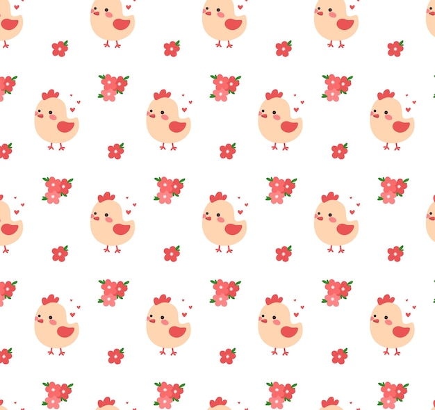 Lindo patrón de pollo y flores Vector en fondo blanco aislado