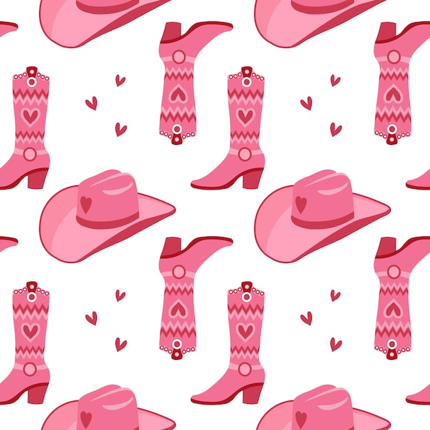 Lindo patrón rosa sin costuras con sombreros de vaquera retro y botas de vaquero Impresión de fondo para niñas