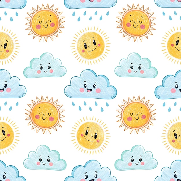 Lindo patrón de sol sin costuras Impresión de bebé con nubes gotas de lluvia Decoración de guardería divertida para niños