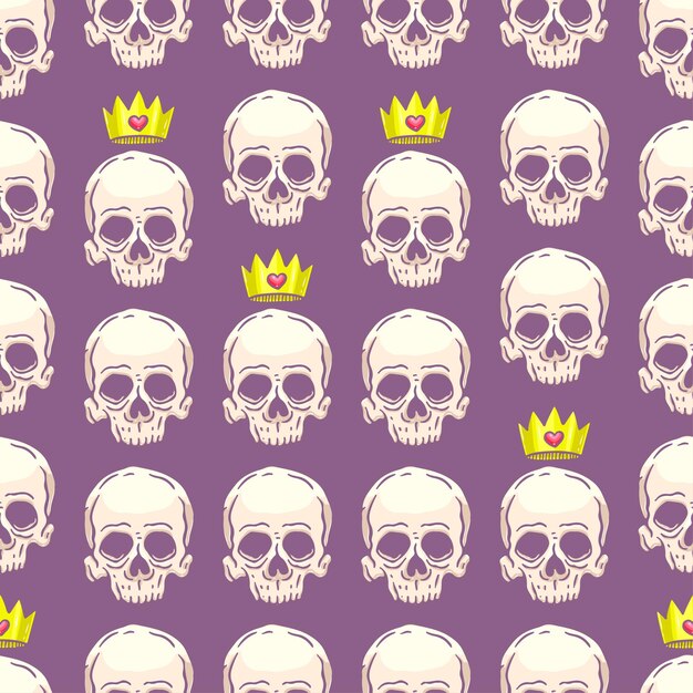 Lindo patrón transparente con calaveras y coronas. ilustración dibujada a mano