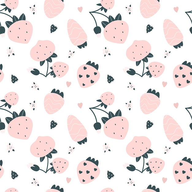 Lindo patrón transparente con fresas rosas y corazones estilo escandinavo ilustración vectorial