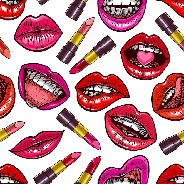 Lindo patrón transparente de lápices labiales y labios coloridos diferentes. ilustración dibujada a mano