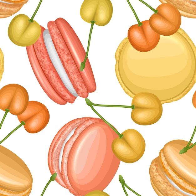 Lindo patrón transparente con macarrones de galletas francesas y cerezas sobre fondo blanco. adecuado para la decoración de envases, telas o servilletas y menús. ilustración de vector eps 10 en estilo de dibujos animados