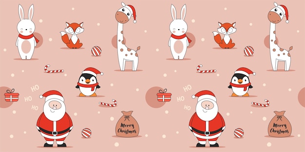 Lindo patrón transparente de Navidad rosa con pingüino conejo zorro jirafa y Santa Claus