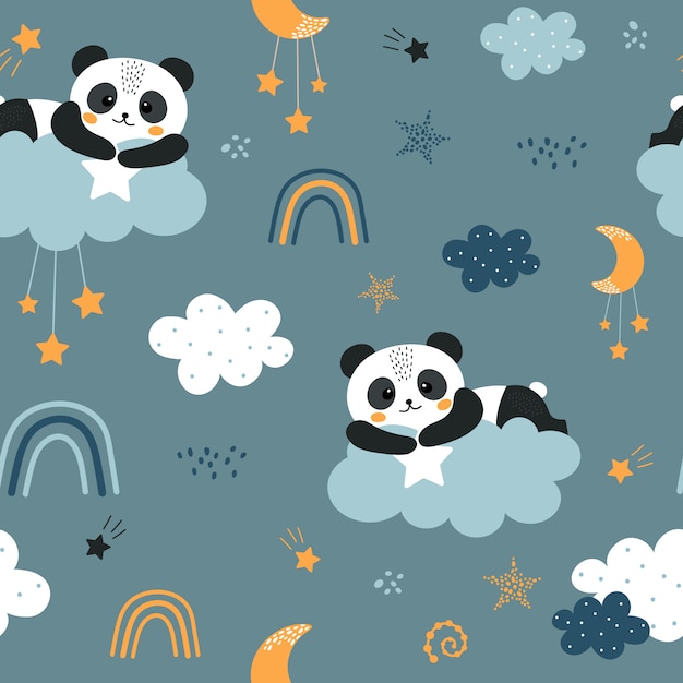 Lindo patrón transparente con panda y nubes.