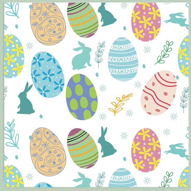 Lindo patrón transparente de Pascua dibujado a mano con conejitos flores huevos de Pascua textiles y vector