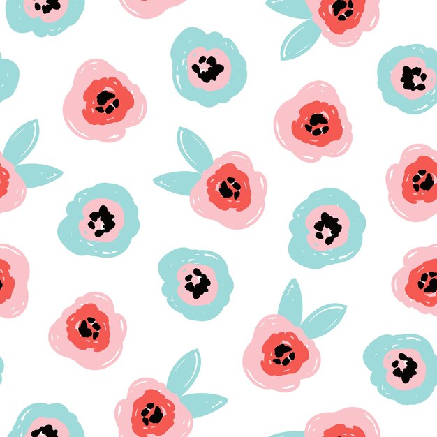 Lindo patrón transparente romántico con flores abstractas y hojas en colores rosa azul. Estilo plano moderno, diseño de memphis. Ilustración de vector dibujado a mano. Textura para impresión, tela, textil, papel tapiz.