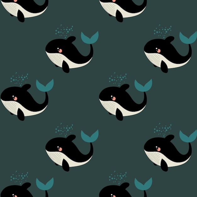 Un lindo patrón vectorial de ballenas juguetonas nadando en un fondo oscuro del océano