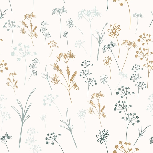 Lindo patrón vectorial con hierbas y flores en estilo dibujado a mano