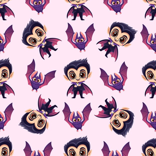 Lindo patrón vectorial de vampiro y murciélago de Halloween en un fondo rosado suave