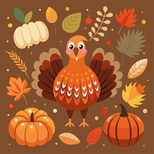 Lindo pavo de Acción de Gracias con hojas de otoño y calabazas