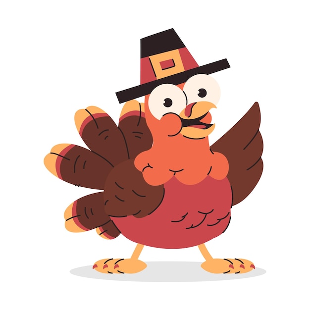 Lindo pavo de dibujos animados en sombrero de peregrino vector personaje de Acción de Gracias aislado en un fondo blanco
