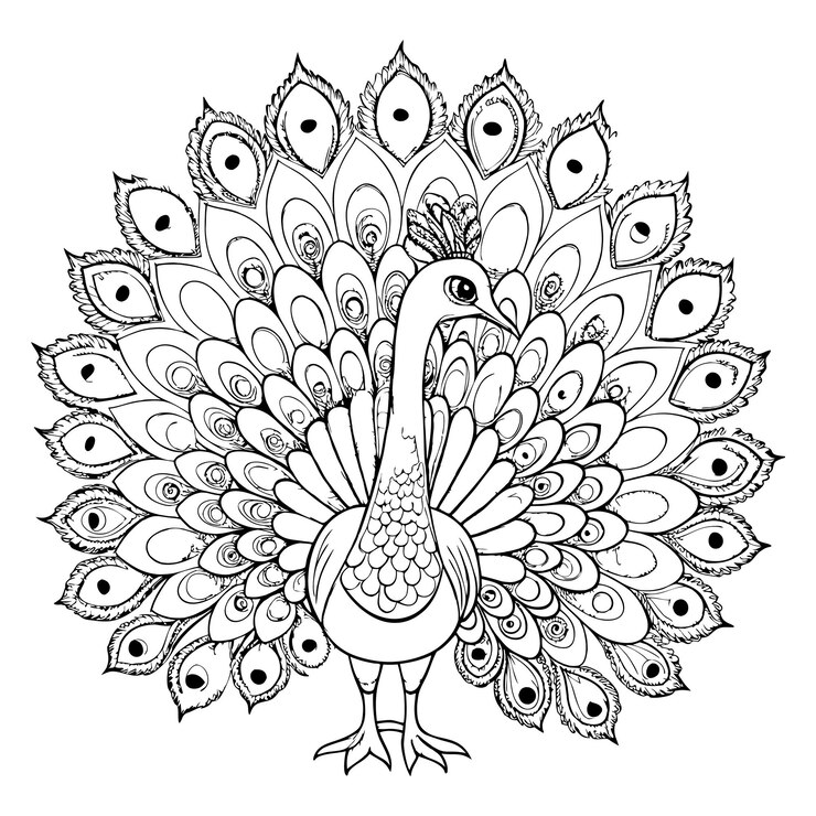 Lindo pavo real dibujado a mano para libro de colorear para adultos