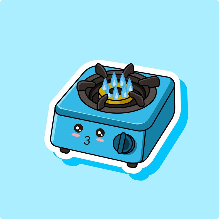El lindo pegatina azul de la estufa de gas estilo Kawaii diseño de dibujos animados ilustración vectorial