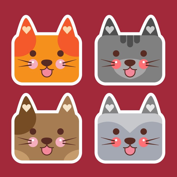 Lindo, pegatina, gato, icono, cara, conjunto, paquete, ilustración, kawaii, gatos