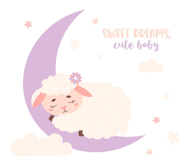 Lindo pequeño animal durmiente oveja en la luna Ilustración vectorial en colores pastel Colección para niños