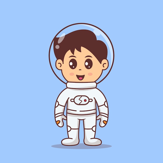 Lindo pequeño astronauta de pie y sonriendo tecnología espacial ilustración vectorial