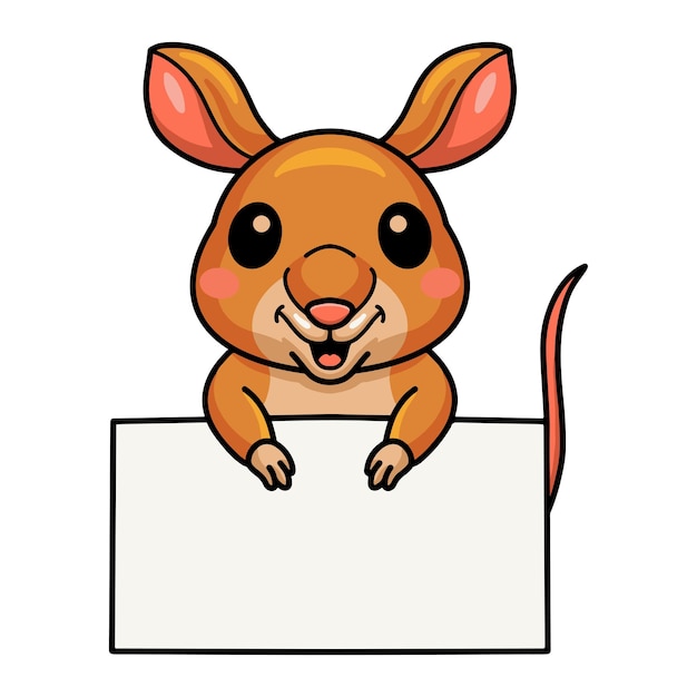 Lindo pequeño dibujo animado bandicoot con signo en blanco