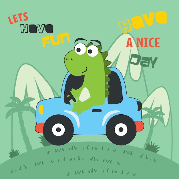 Lindo pequeño dinosaurio conduciendo un auto ir al bosque divertido animal caricatura vector creativo fondo infantil para tela textil vivero papel tapiz cartel tarjeta folleto y otra decoración