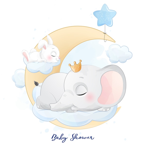 Lindo pequeño elefante y conejito durmiendo en la ilustración de la nube